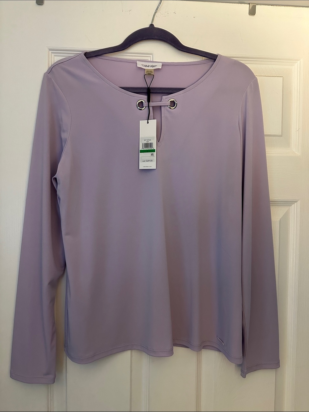 New Calvin Klein Soft Lavender Long-Sleeve Top with Keyhole Detail